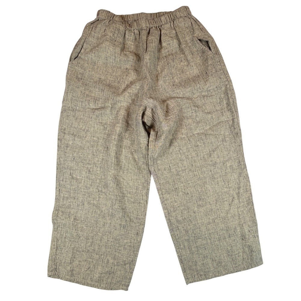 FLAX Jeanne Engelhart Linen Wide Leg Pants Tan Black Cottagecore Lagenlook Sz M